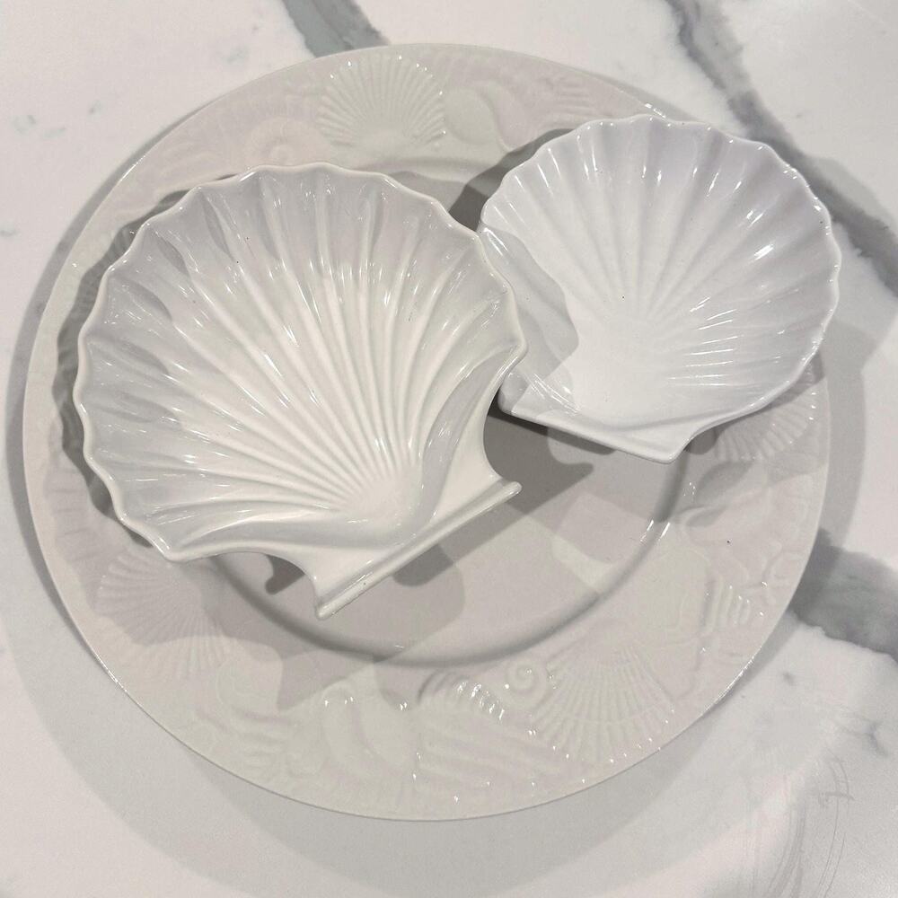 Vintage White Ceramic Seashell Serving Bundle - 3-Piece Platter & Shell Bowls